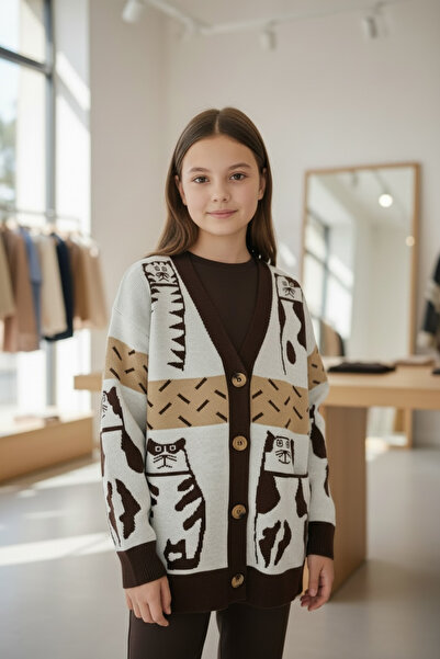 Minimoda Kids Kız çocuk kedi baskılı hırka