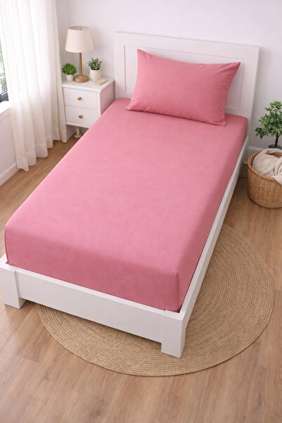 Madame Home Μονό ροζ ελαστικό σετ σεντονιών 90x190 εκ. + 20 εκ. ύψος 100% βαμ...