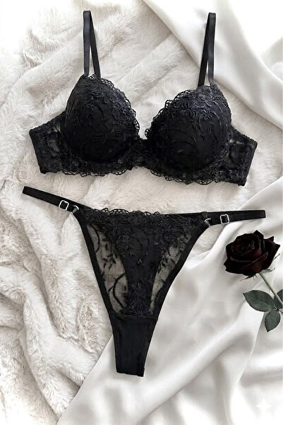 RUYAZ Dantelli Destekli Push Up Sütyen Külot Takımı Siyah İç Çamaşırı Takım