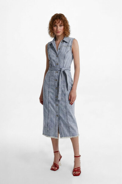 Bluewhite Γυναικείο αμάνικο τζιν φόρεμα με ζώνη και κουμπιά σε χρώμα Ice Blue