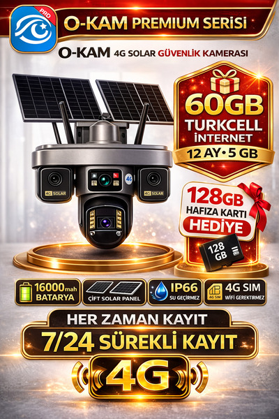 O-KAM Premium Serisi 12MP 4 Kameralı 4G Çift Solar Panel Gece Görüş 1 Yıl Tur...