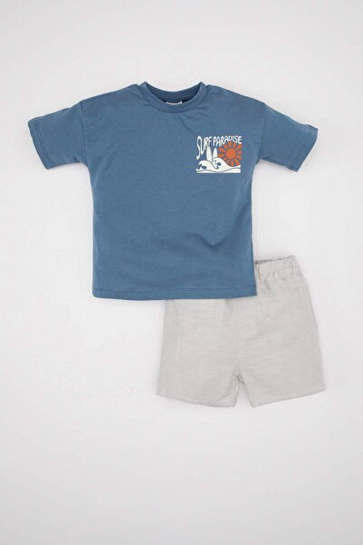 DeFacto Baby Boy 2-Piece Set Printed Short Sleeve T-Shirt Top Elastic Waist S...