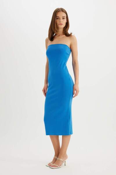 DeFacto Bodycon облягаюче без бретелей з шнурівкою кашкорсе міді вечірнє плат...