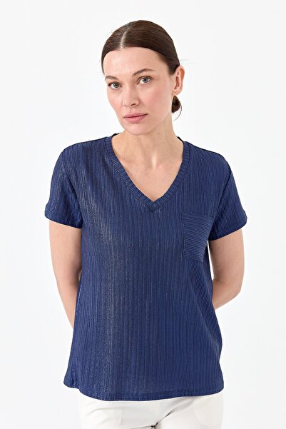 Desen Triko Γυναικείο μπλουζάκι με λαιμόκοψη V με χτενισμένο βαμβακερό μπλουζ...