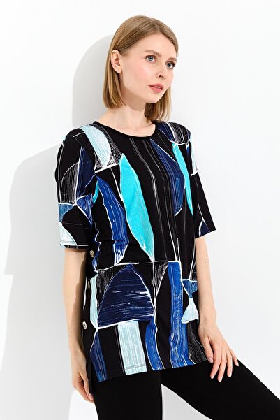 Desen Triko Γυναικείο μπλουζάκι με ριγέ χτενισμένο βαμβακερό λαιμόκοψη Navy Blue