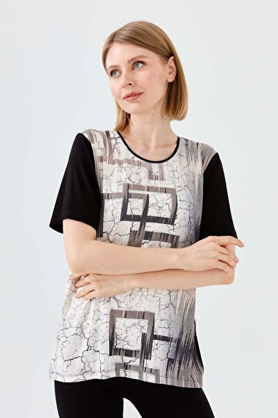 Desen Triko Γυναικείο μπλουζάκι από βαμβακερό πέτρινο λαιμόκοψη μαύρο