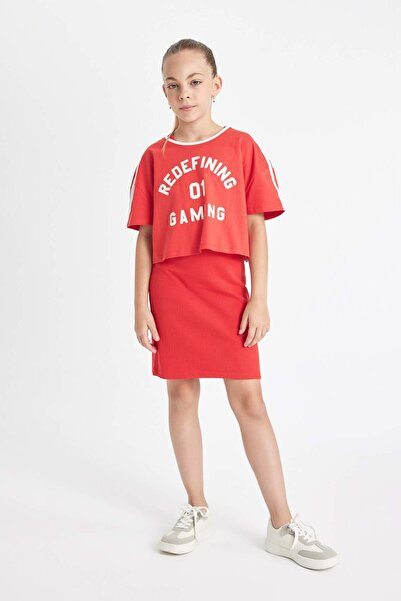 DeFacto Κοριτσίστικο φόρεμα με ραβδώσεις και μπλουζάκι με στάμπα - Σετ 2 D233...