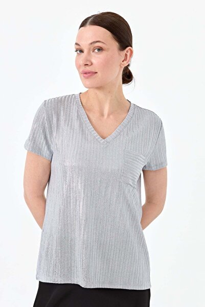 Desen Triko Kadın V Yaka Cepli Penye T-shirt Gri