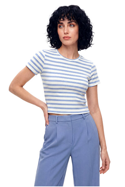 WESTMARK LONDON Blue White Striped Crew Neck Short Sleeve Women's Crop T-Shir...