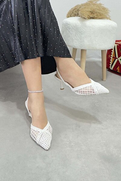 Modezya Daisy Lace Pointed Toe Women's Heeled Shoes with Elastic Back