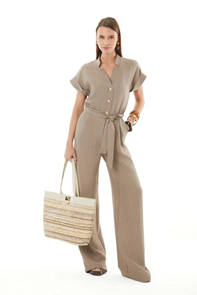 EXPLOSION Gold Düğmeli Kuşaklı Bol Paça Tulum