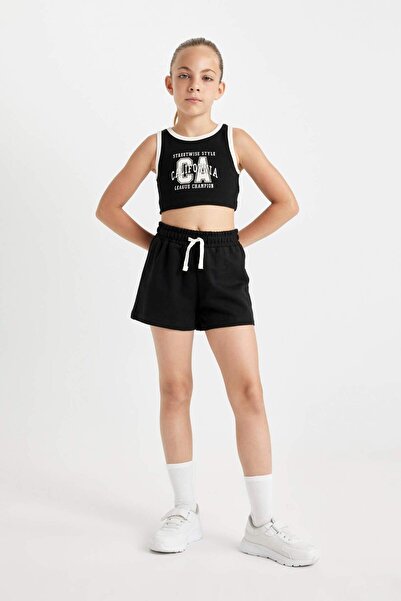 DeFacto طقم مكون من قطعتين للفتيات الصغيرات، قميص قصير بدون أكمام مطبوع برقبة...