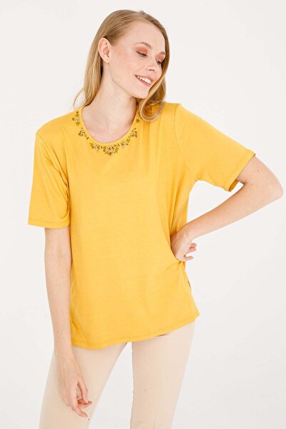 Desen Triko Bluză de damă cu gât în formă de O, cu mânecă scurtă, cu guler br...