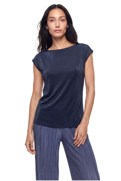 WESTMARK LONDON تي شيرت نسائي بأكمام قصيرة وياقة دائرية لامعة باللون الرمادي ...