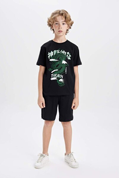 DeFacto طقم مكون من قطعتين للأولاد تي شيرت مطبوع بأكمام قصيرة C9854A824HS