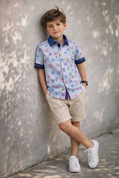 Louis Kids Double Buttoned Bicycle Patterned Short Sleeve Children's Shirt