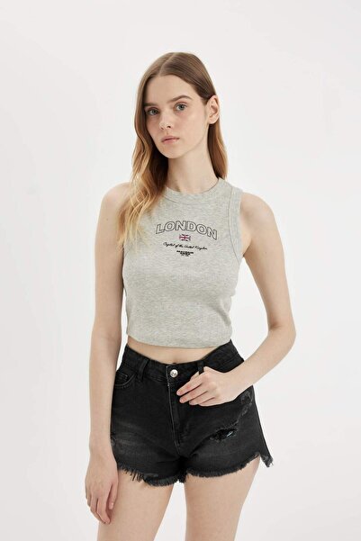 DeFacto Bedrucktes, tailliertes, geripptes Camisole-Unterhemd mit Rundhalsaus...