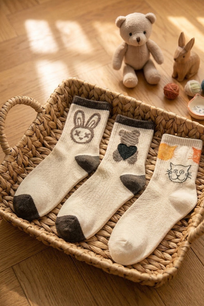 LYKOS Sevimli 3'lü Paket Nakışlı Ve Sanatsal Baskılı Kolej Çorap Seti (Tavşan...