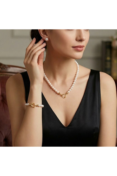 PİGADO 925 Ayar Gümüş Kapamalı Kolye Bileklik Küpe Gerçek Inci Seti