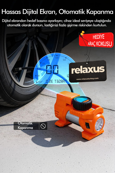 RELAXUS Araç Çakmak Girişli Dijital Hava Kompresörü Lastik Şişirme Pompası 12...