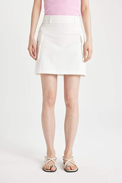 DeFacto Λευκή βαμβακερή μίνι φούστα - A-Line, κανονική μέση D4012AX24SM