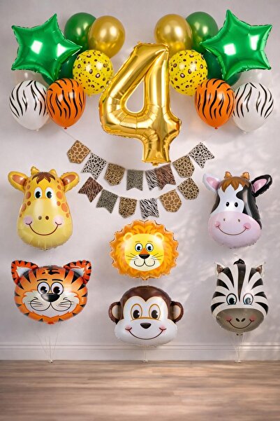 Patladı Gitti Safari Concept 4 Years Birthday Party Celebration Set;Number an...