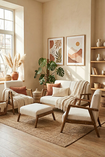 Zem Pavia Çay Seti Ceviz Ahşap, Kırık Beyaz (1 ADET IKİLİ BERJER 2 ADET TEKLİ...