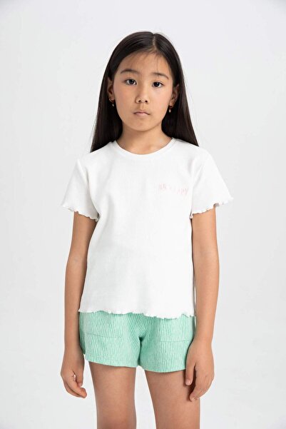 DeFacto Tricou cu mânecă scurtă cu nervuri pentru fete - Decolteu, Slim Fit, ...