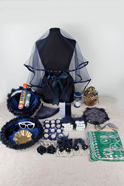 Mortex Lacivert Biyeli Lüks Kına Gecesi Seti | Gelin Damat Duvak ve Kına Malz...