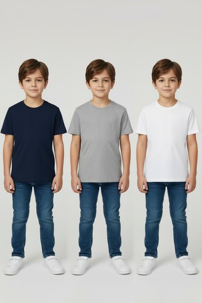 atölye kids 100% Cotton Kids 3-Piece T-Shirt Crew Neck Trendy Basic Daily T-Shirt Badi White Gray Navy Blue