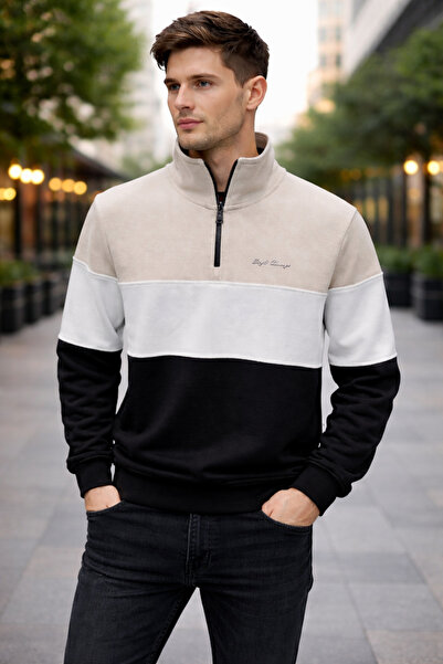EMPEROR APPAREL Erkek Yarım Fermuarlı Dik Yaka Renk Bloklu Pike Dokulu Sweats...