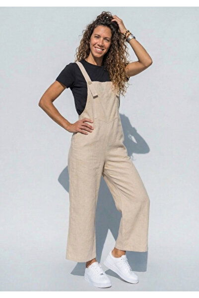 Little Visqon Kadın Bej Geniş Paça Keten Görünümlü Bahçıvan Askılı Rahat Kesi...