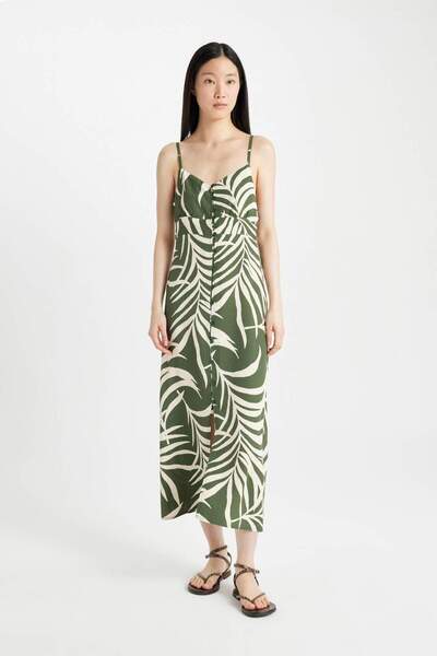 DeFacto V Neck Tropical Print Moroccan Strap Maxi Dress A9178Ax24Sm