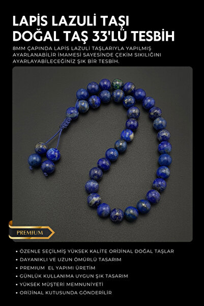 Seven Art Jewelry Orijinal Doğal Taş 8mm Lapis Lazuli Taşı 33'lü Tesbih, Erke...