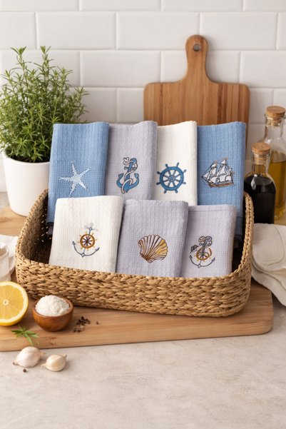 vanillasoft Vanilla Soft 6-Piece Pike Kitchen Drying Cloth Set 40X60Cm Cotton Embroidered Decorative