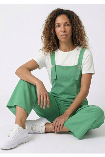 Little Visqon Kadın Yeşil Geniş Paça Keten Görünümlü Bahçıvan Askılı Rahat Ke...