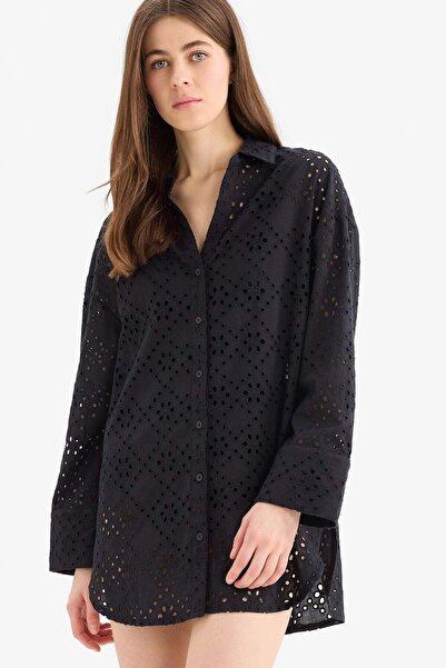 DeFacto Fall in Love Cotton Hole Embroidered Pink Beach Shirt C0506Ax24Sm