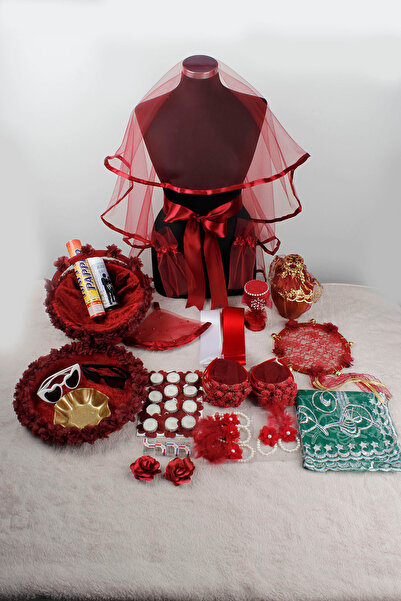 Mortex Bordo Biyeli Lüks Kına Gecesi Seti | Gelin Damat Duvak ve Kına Malzeme...