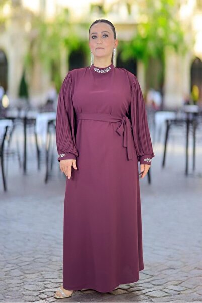 yagmurberen Stone-Embellished, Folded Volan Sleeves, Waist Belt, Oversize Lar...