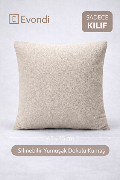 Evondi 45×45 Açık Vizon Kırlent Kılıfı – Dokulu Silinebilir Kumaş, Yumuşak Do...