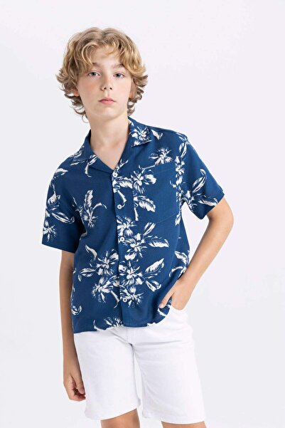 DeFacto Boy's Oversize Fit Polo Collar Patterned Viscose Short Sleeve Shirt C...