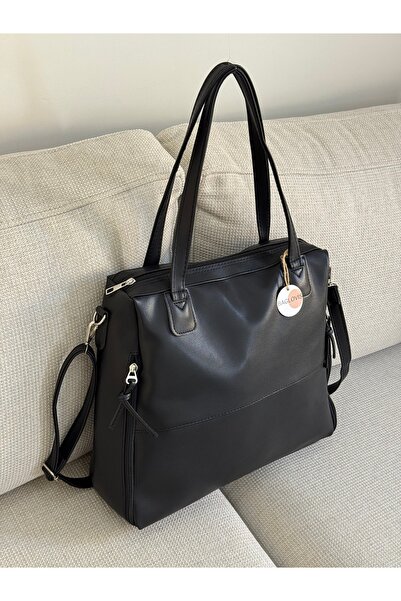 BAGLOVİS Голяма, широка черна дамска чанта през рамо с ципове по краищата