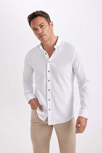 DeFacto 100% Cotton Modern Fit Button Polo Neck Linen Look Long Sleeve Shirt ...