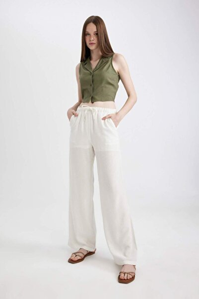 DeFacto Keten Karışımlı Pantolon Wide Leg Geniş Bol Paça Üç Cepli Normal Bel ...