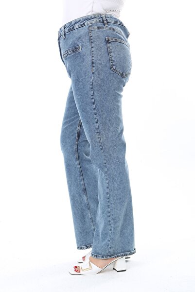 Şans Kadın Büyük Beden Mavi Yüksek Bel Ön Süs Cepli Likralı Kot Pantolon 65N3...