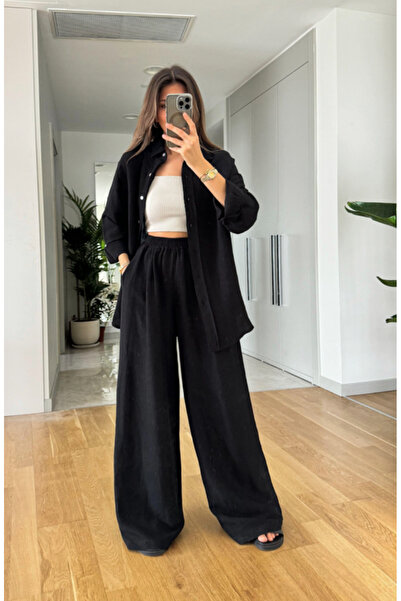 FEMMESTUDIO Set de pantaloni cămașă de in cu detaliu cu nasturi negri pentru ...