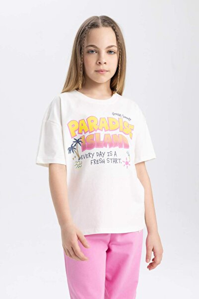 DeFacto Relax Fit Crew Neck με τύπωμα κοντομάνικο μπλουζάκι για κορίτσια B512...