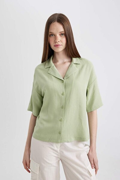 DeFacto Oversize Fit Pajama Collar Linen Blended Short Sleeve Shirt U2927AZ24SM