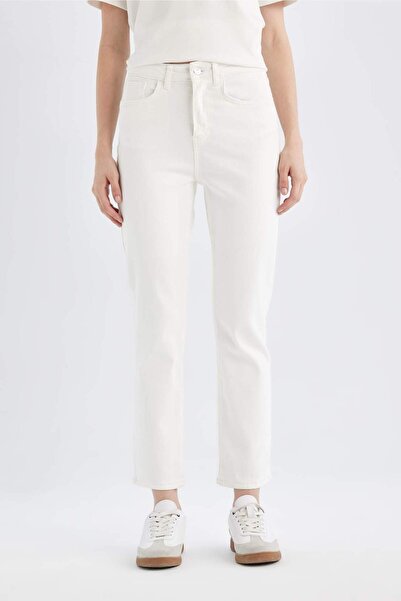 DeFacto Mary Vintage Straight Fit High Waist Ankle Length White Jean Pants C1...