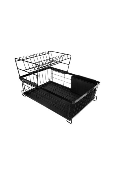 Ruhhy Dish Rack, 2 Tiers, Metallic & Plastic, Black, 43x29x27 cm,